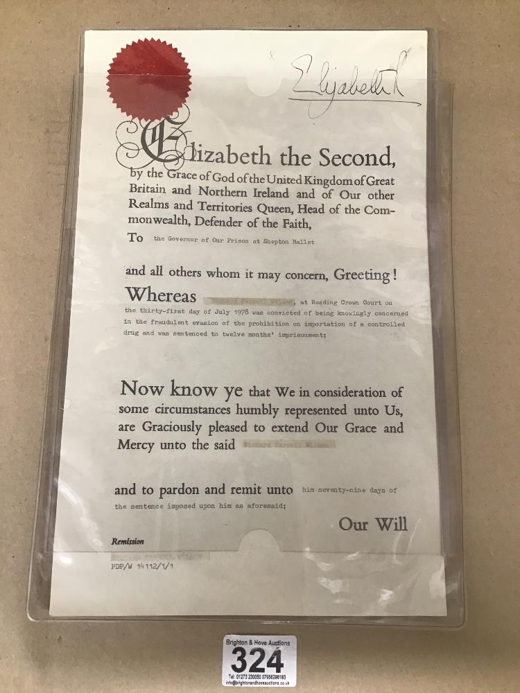 ROYAL PARDON, TYPED DOCUMENT REDUCING THE SENTENCE OF RICHARD CARROLL WILSON FROM TWELVE MONTHS TO