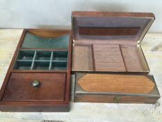 A WOODEN PENCIL BOX OF RECTANGULAR FORM, TOGETHER WITH A JEWELLERY BOX AND A JEWELLERY TRAY