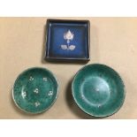THREE SWEDISH ART POTTERY PIN DISHES, TWO OF WHICH BEING ARGENTA PATTERN, THE OTHER WITH SILVER