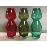 THREE MODERN COLOURED GLASS VASES, 25CM HIGH