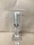 AN ETCHED GLASS ORNAMENTAL CANDLE HOLDER 36CMS HIGH
