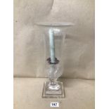 AN ETCHED GLASS ORNAMENTAL CANDLE HOLDER 36CMS HIGH