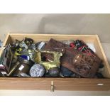 A MIXED BOX OF ITEMS INCLUDING BRASS AND ONYX AND A WOODEN FOLDING BOOKSTAND AND A SILVER TOP