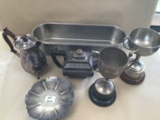 MAINLY PLATED ITEMS INCLUDING TROPHIES AND TEA POTS
