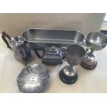 MAINLY PLATED ITEMS INCLUDING TROPHIES AND TEA POTS