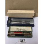 TWO UNUSUAL FRENCH METAL CRAYON LIKE PENS, ZODIAC FABRICATION, IN ORIGINAL BOX, TOGETHER WITH TWO