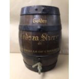 A 20TH CENTURY CADOZA GOLDEN SHERRY COOPERED BARREL, WITH TAP TO FRONT, 35.5CM HIGH