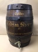 A 20TH CENTURY CADOZA GOLDEN SHERRY COOPERED BARREL, WITH TAP TO FRONT, 35.5CM HIGH