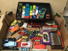 A BOX OF PLAYWORN DIE-CAST MATCHBOX TOYS INCLUDING WHIZZ WHEELS.