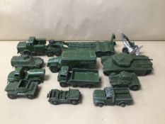 A MIXED BOX OF PLAY WORN DINKY ARMY DIE-CAST TOYS