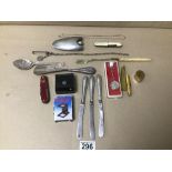 ASSORTED METAL COLLECTABLES, INCLUDING SILVER HANDLED SHOE HORN AND KNIVES, PEWTER HIP FLASK,