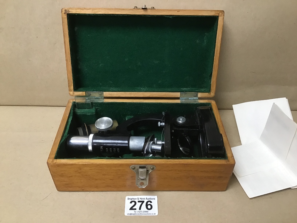 A SMALL "STEIN" MICROSCOPE WITH FOUR MAGNIFICATIONS, IN ORIGINAL FITTED BOX AND INSTRUCTIONS, 19.5CM