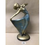 A LARGE PAINTED PLASTER FIGURE OF A DECO STYLE DANCING LADY, METALLIC LIKE GLAZE, 40CM HIGH