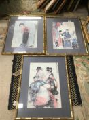 THREE ORIENTAL FRAMED AND GLAZED PRINTS IN BAMBOO FRAMES