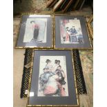 THREE ORIENTAL FRAMED AND GLAZED PRINTS IN BAMBOO FRAMES