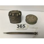 SILVER ITEMS, INCLUDING FRENCH PILL POT, 935 SILVER PROPELLING PENCIL AND A SMALL SILVER POT MOUNTED