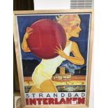 A VINTAGE STRANDBAN INTERLAKEN ADVERTISING POSTER. FRAMED AND GLAZED. 53 X 73CM.