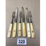 A SET OF SIX GEORGIAN SILVER BLADED KNIVES AND FORKS WITH BONE HANDLES