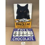 TWO ENAMEL SIGNS BLACK CAT AND FRYS CHOCOLATE, LARGEST 32 X 22CM