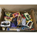 A COLLECTION OF BOXED TOY VEHICLES WITH PLAY WORN INCLUDING DINKY, LION CAR NO 38, AND MATCHBOX