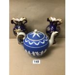 A PAIR OF EARLY SPODE SMALL VASES WITH GILT DECORATION AND A SPODE TEAPOT