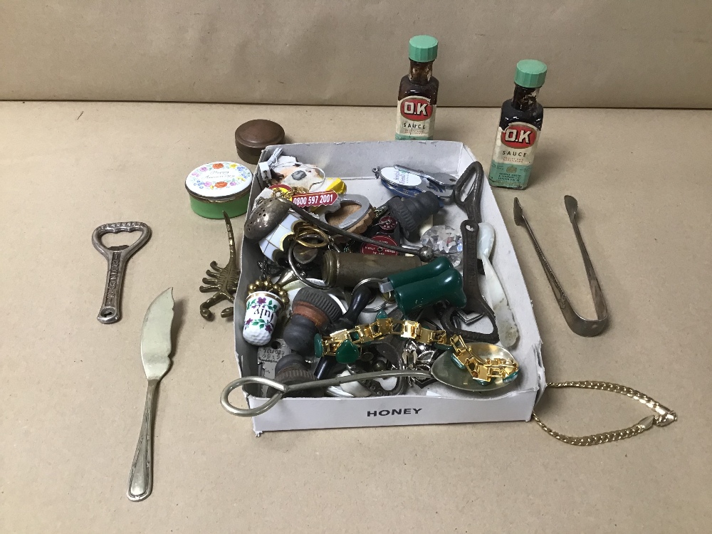 A MIXED BOX OF ITEMS INCLUDING SUGAR TONGS/BOTTLE OPENERS ETC