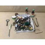 A MIXED BOX OF ITEMS INCLUDING SUGAR TONGS/BOTTLE OPENERS ETC