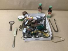A MIXED BOX OF ITEMS INCLUDING SUGAR TONGS/BOTTLE OPENERS ETC