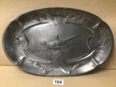 A PEWTER C1905 POULTRY PLATTER BY KAYSERZINN (4342) 42 X 26CMS