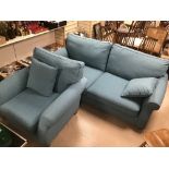 A MODERN NEXT THREE SEATER SOFA WITH ARM CHAIR IN BLUE