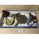 A MIXED BOX OF ITEMS INCLUDING IVORY GLOVE STRETCHERS AND A BRONZE FIGURE WITH A BRASS MATCHBOX