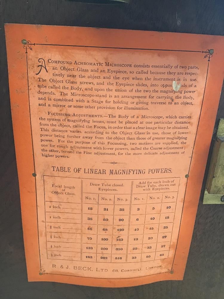 AN EARLY R.J BECK LTD MICROSCOPE IN ORIGINAL WOODEN CASE WITH ACCESSORIES - Image 5 of 5