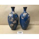 A PAIR OF JAPANESE CLOISONNE ENAMEL BLUE GROUND VASES 18CM A/F