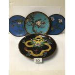 A JAPANESE CLOISONNE CIRCULAR DISH DECORATED WITH BIRDS AND FLOWERS, 18CMS WITH THREE OTHER