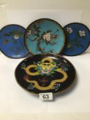 A JAPANESE CLOISONNE CIRCULAR DISH DECORATED WITH BIRDS AND FLOWERS, 18CMS WITH THREE OTHER