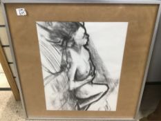 A CHARCOAL DRAWING OF A NUDE LADY. FRAMED AND GLAZED.