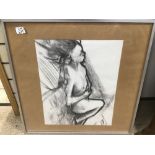 A CHARCOAL DRAWING OF A NUDE LADY. FRAMED AND GLAZED.