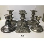THREE SILVER PLATED SQUAT CANDLESTICKS