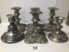 THREE SILVER PLATED SQUAT CANDLESTICKS