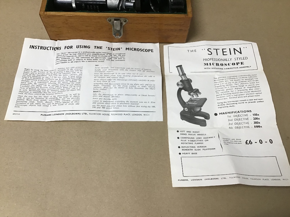 A SMALL "STEIN" MICROSCOPE WITH FOUR MAGNIFICATIONS, IN ORIGINAL FITTED BOX AND INSTRUCTIONS, 19.5CM - Image 4 of 4