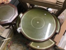 TWO MAHOGANY PIECES OF FURNITURE INCLUDING DRUM TABLE. BOTH WITH GREEN LEATHER TOPS.