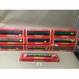 TEN ORIGINAL BOXED HORNBY RAILWAY CARRIAGES, INCLUDING G.W.R. AND L.M.S.