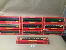 TEN ORIGINAL BOXED HORNBY RAILWAY CARRIAGES, INCLUDING G.W.R. AND L.M.S.