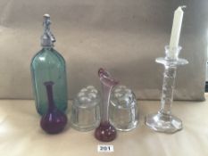 GLASSWARE ITEMS INCLUDING VINTAGE SODA SYPHON, CANDLESTICK AND JELLY MOULDS