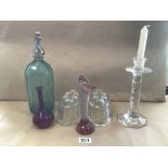 GLASSWARE ITEMS INCLUDING VINTAGE SODA SYPHON, CANDLESTICK AND JELLY MOULDS