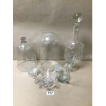 A GROUP OF CLEAR GLASS ITEMS SOME ETCHED INCLUDING DECANTER AND DOMES