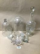 A GROUP OF CLEAR GLASS ITEMS SOME ETCHED INCLUDING DECANTER AND DOMES