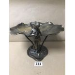 AN ART NOUVEAU METAL DISH ON STAND WITH ANGEL TO FRONT HOLDING A BIRD, 20CM HIGH