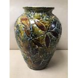 A LATE 19TH/EARLY 20TH CENTURY DOULTON LAMBETH LEAF VASE WITH CRACKLE GLAZE, 22.5CM HIGH