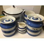 THREE PIECES OF T.G GREEN A/F WITH A CORNISH WARE JUG AND ENAMEL LIDDED TOP FLOUR TIN